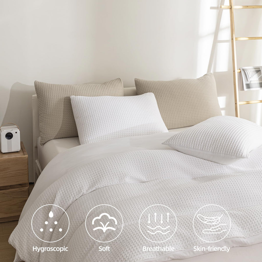 Waffle Duvet Cover Soft Breathable Cooling Luxury 3 Pcs Bedding Set with 1 Waffle Weave Duvet Cover and 2
