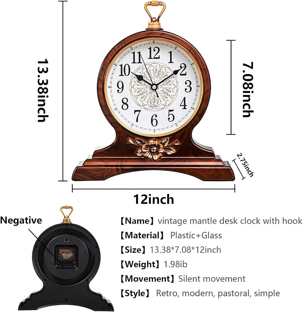 Rnuie Desk Clock for Table Decor, Retro Mantel Clock Battery Operated for Fireplace Mantel, Living Room, Bedroom