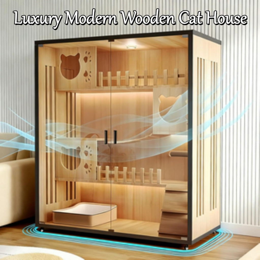 Luxury Modern Wooden Cat House for Indoor Cats - Multi-Level Cattery Enclosure with Tempered Glass Door & Lockable
