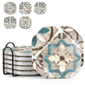 Absorbent Ceramic Stone Coasters Set of 6 with Holder, Vintage Tile