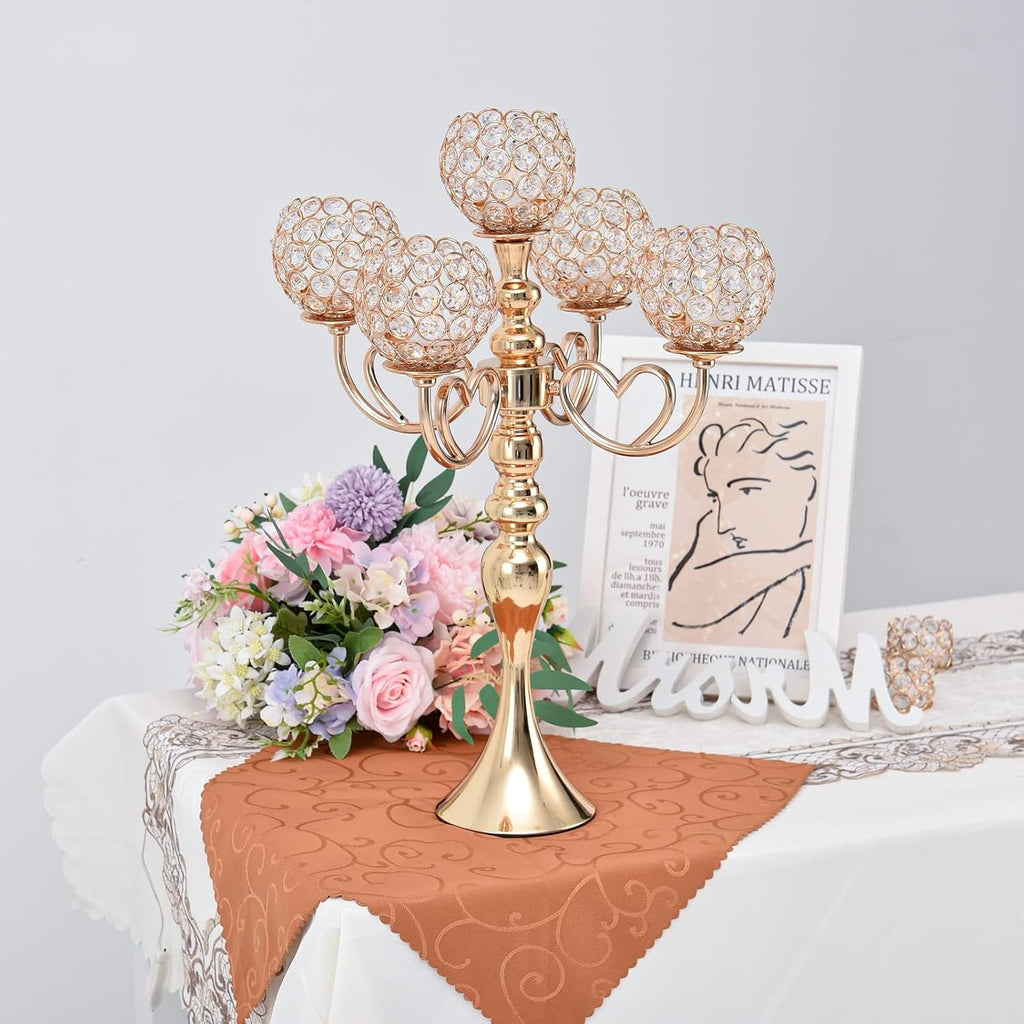 12 Sets Gold 5 Arms Candelabra Centerpiece,Metal Crystal Candlestick Holders Chandelier Crystal Beaded Candle Holder