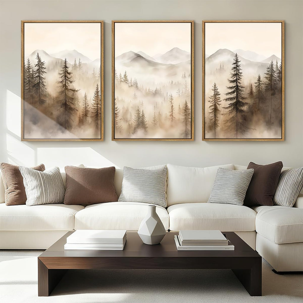 Large Mountain Forest Framed Canvas Wall Art 16x24 Inch Set of 3 Abstract Misty Woodland Painting Modern Farmhouse