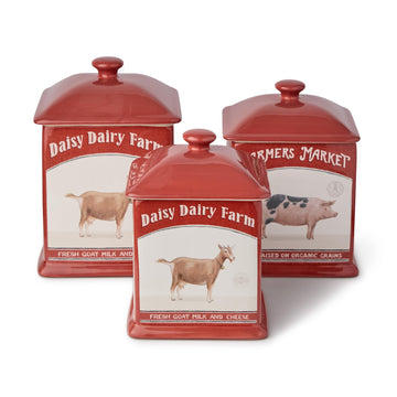 Vintage Farm Square Canister Set, 3-Piece, Includes 52 oz, 72 oz & 90 oz Sizes, Farmers Market Design with Farm