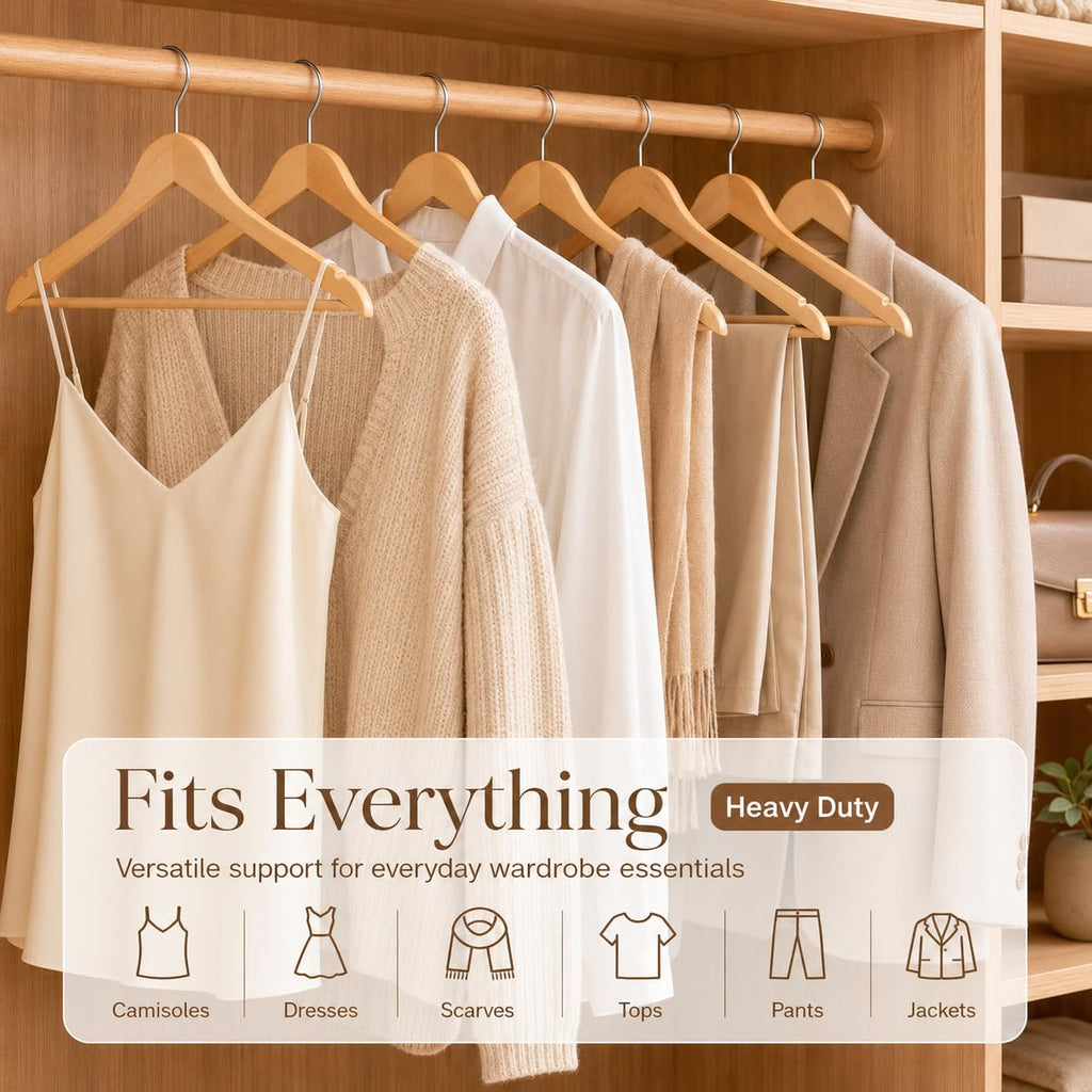 Wooden Clothes Hangers 50 Pack, Non-Slip Wood Hangers with 360° Swivel Hook & Shoulder Grooves, Coat Hanger for