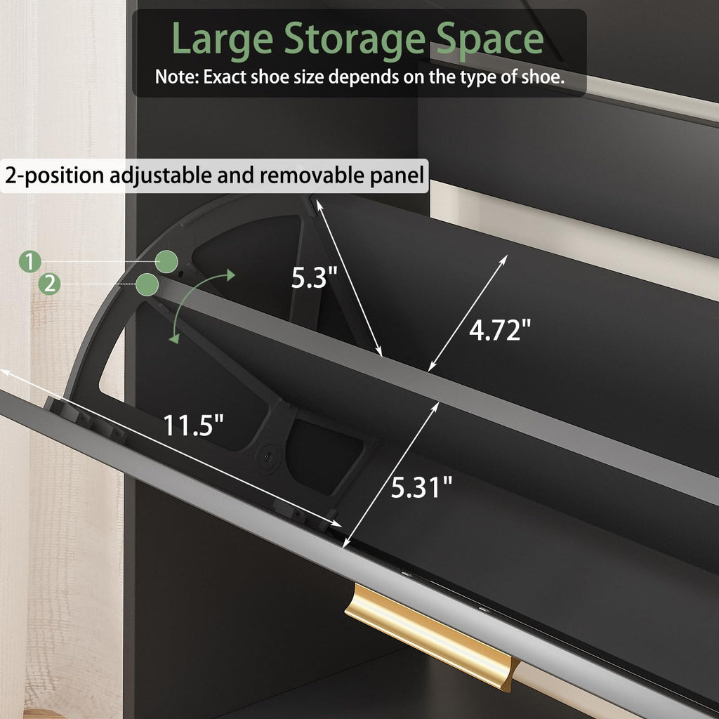Black Shoe Cabinet Storage, Narrow Shoe Cabinet with 2 Flip Drawers, Freestanding Organizer with Fluted Panel