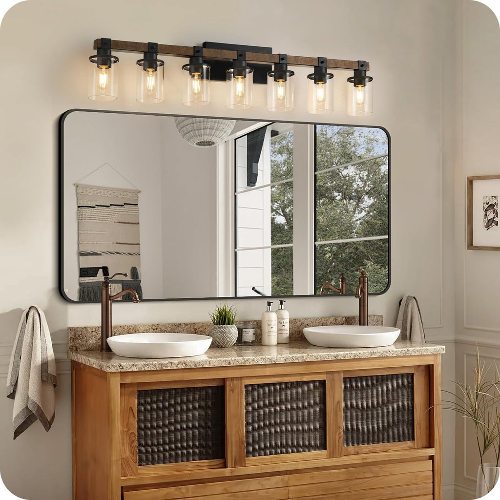 7-Light Bathroom Light Fixture, Farmhouse Vanity Lights with Glass Shade, Rustic Bathroom Light Fixtures, E26 Base