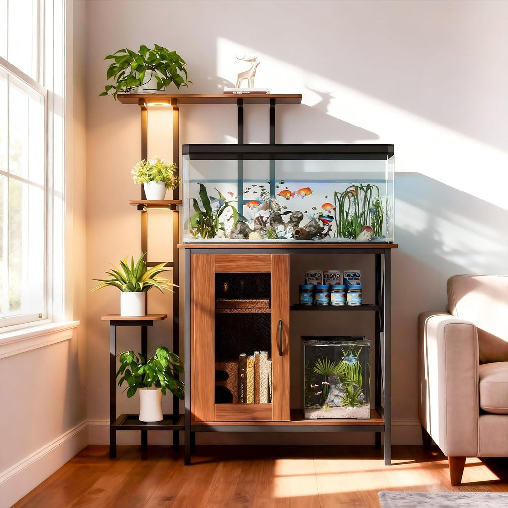 20-29 Gallon Fish Tank Stand with Plant Shelf, 2-in-1 Walnut Aquarium Stand