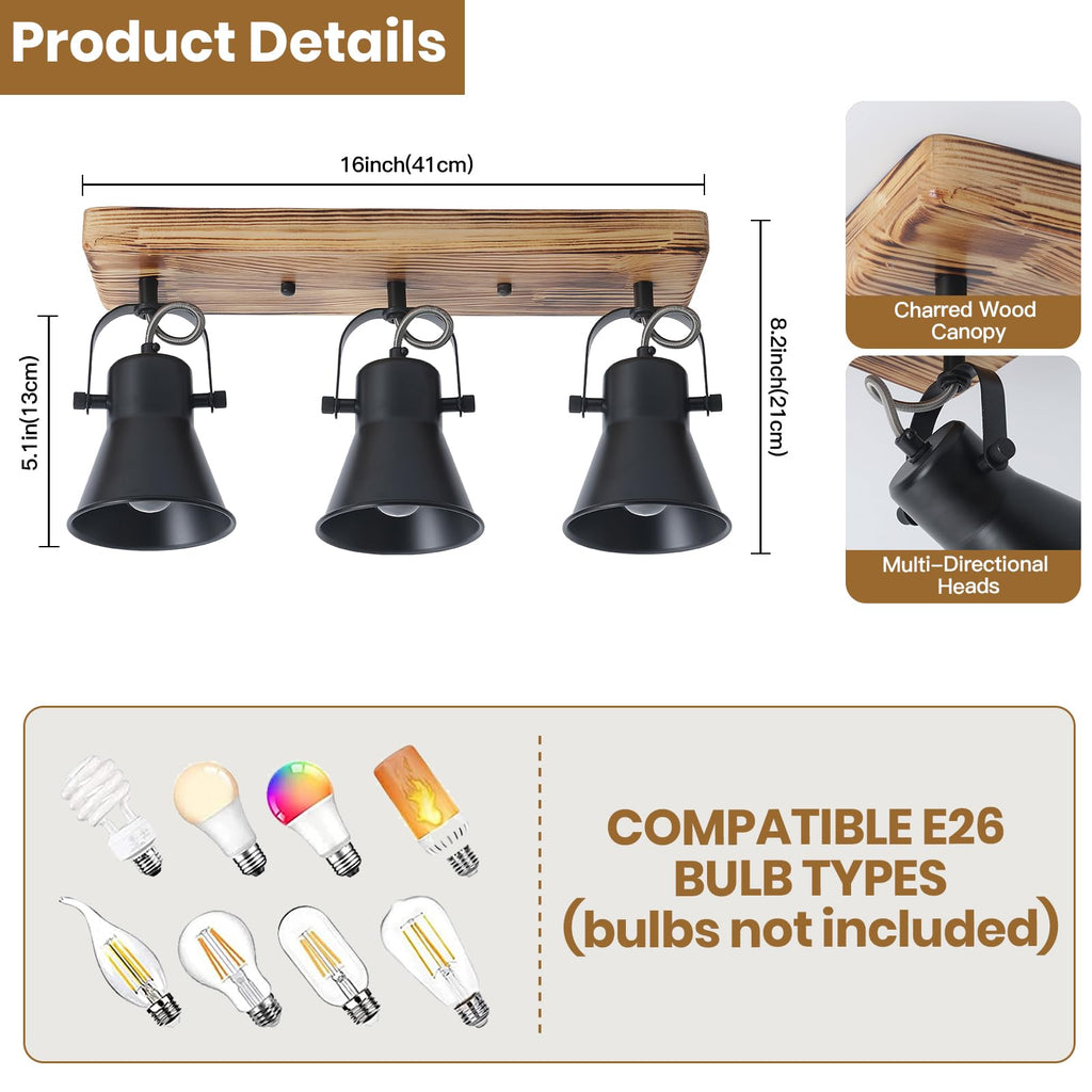 3-Light Track Lighting Kit, Wood Semi Flush Mount Ceiling Light with 3 Rotatable Heads - Modern Farmhouse Kitchen