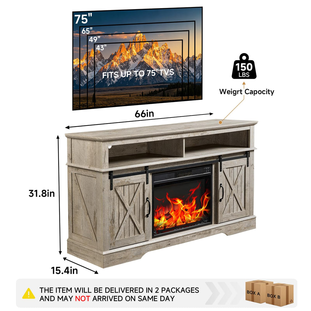 66 Inch Electric Fireplace TV Stand, Grey Farmhouse Media Console with Sliding Barn Doors, Entertainment Center with