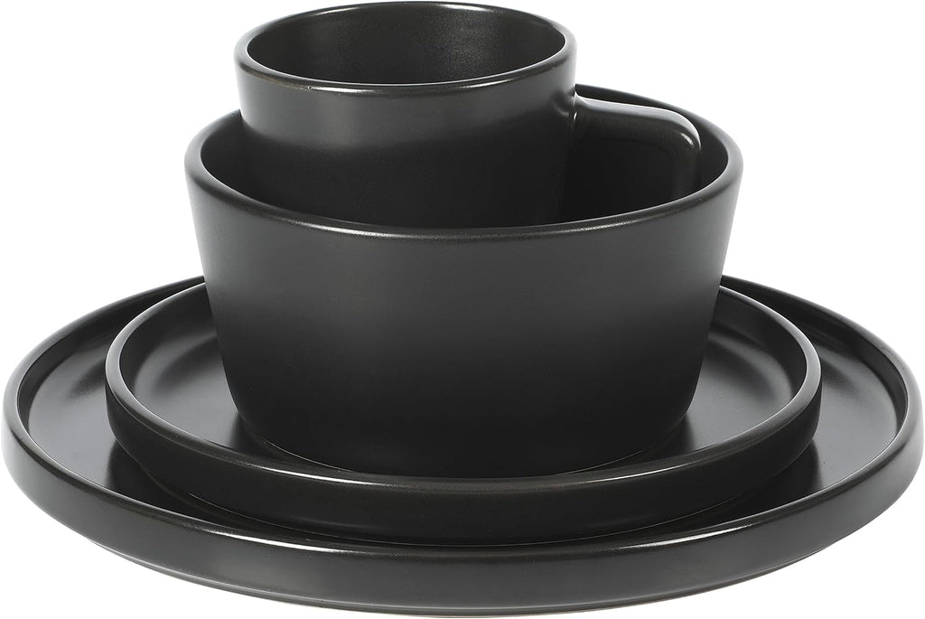 Bowery 32 Piece Matte Black Stoneware Dinnerware Plates, Bowls, and Mugs Set - Service for 8