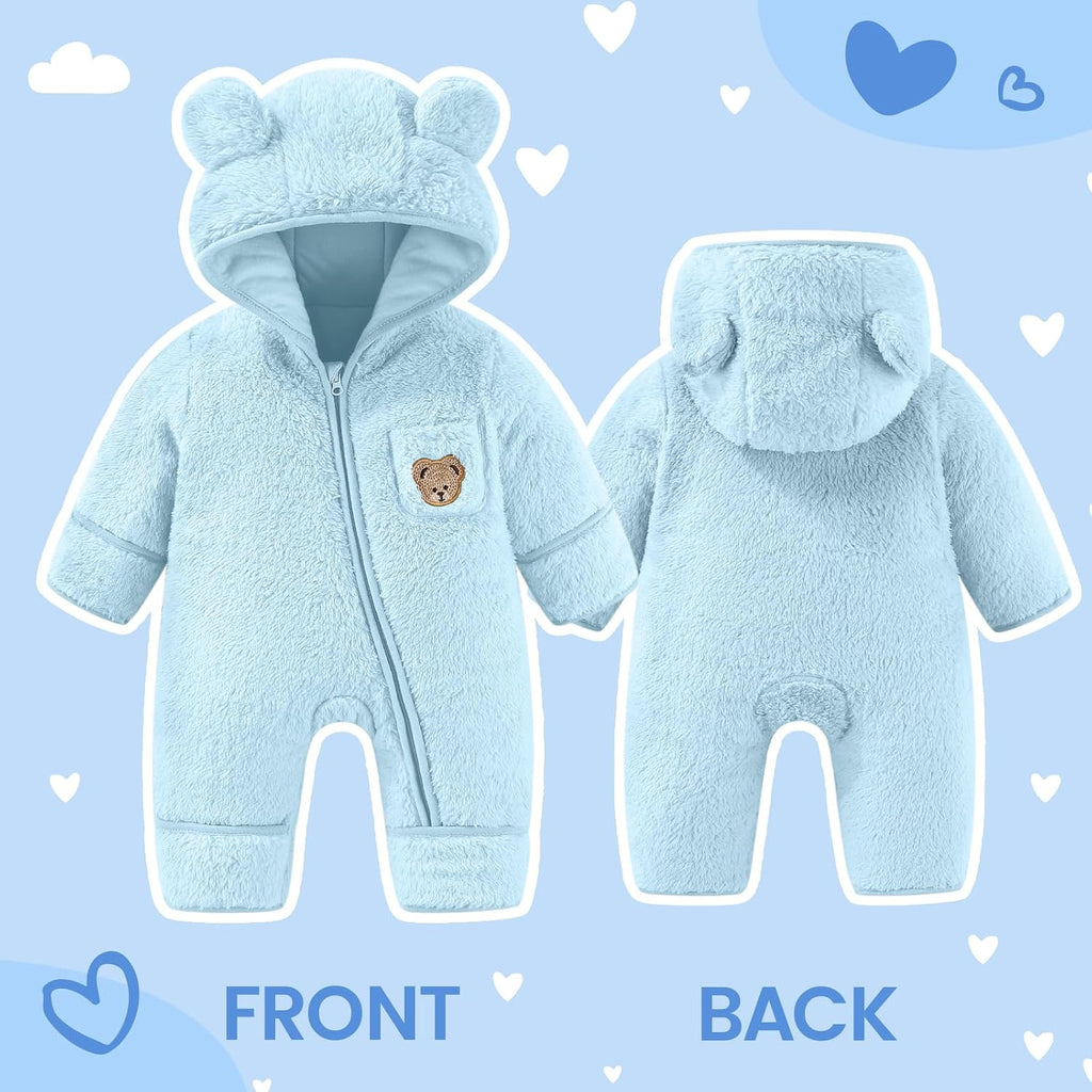 Baby Snowsuit Fleece Bunting - Winter Bear Onesie Warm Hooded Romper with Foldover for Infant Boys Girls
