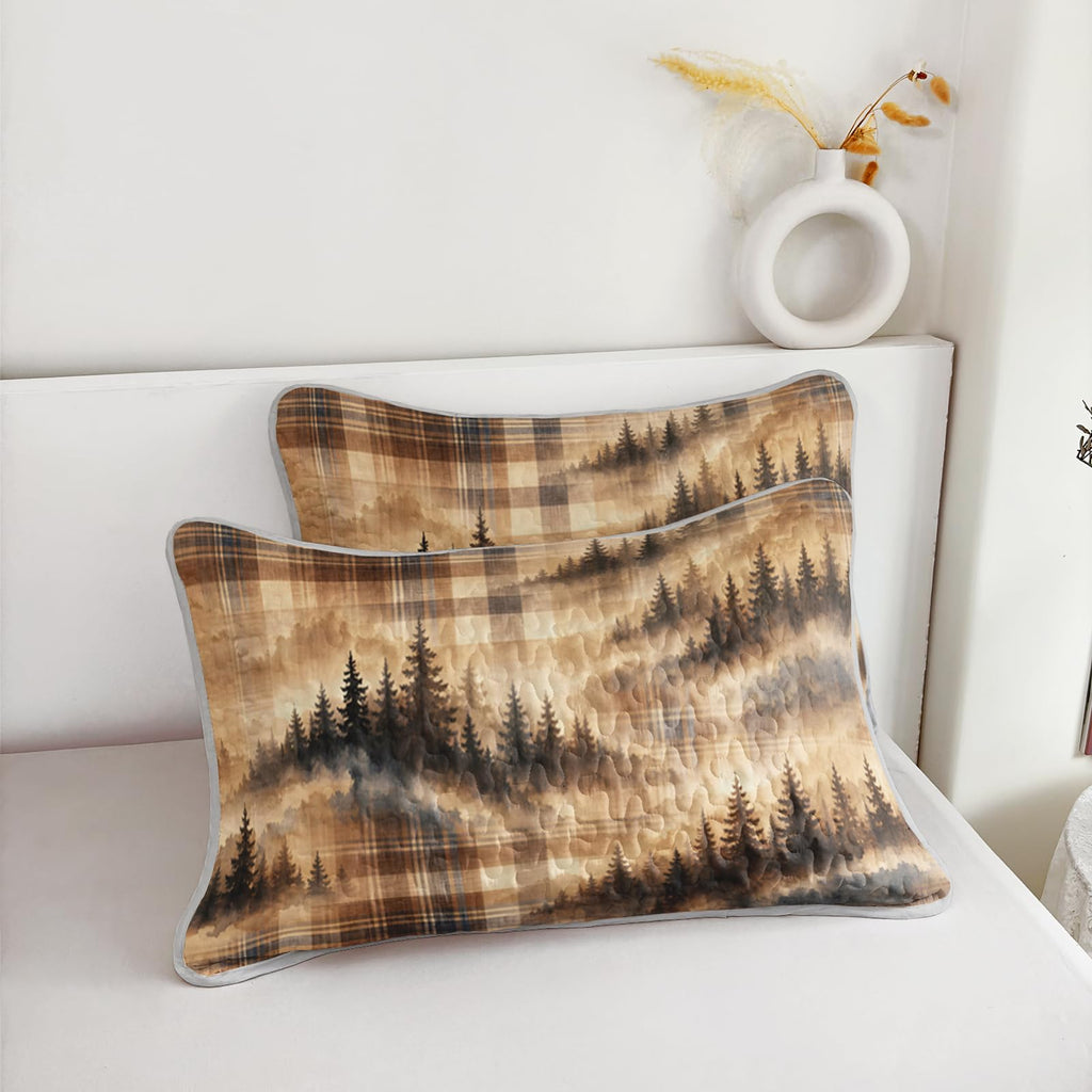 Misty Woodland Pine 3-Piece Quilt Set with 2 Pillow Shams, Beige Check Soft Lightweight Microfiber Bedding for