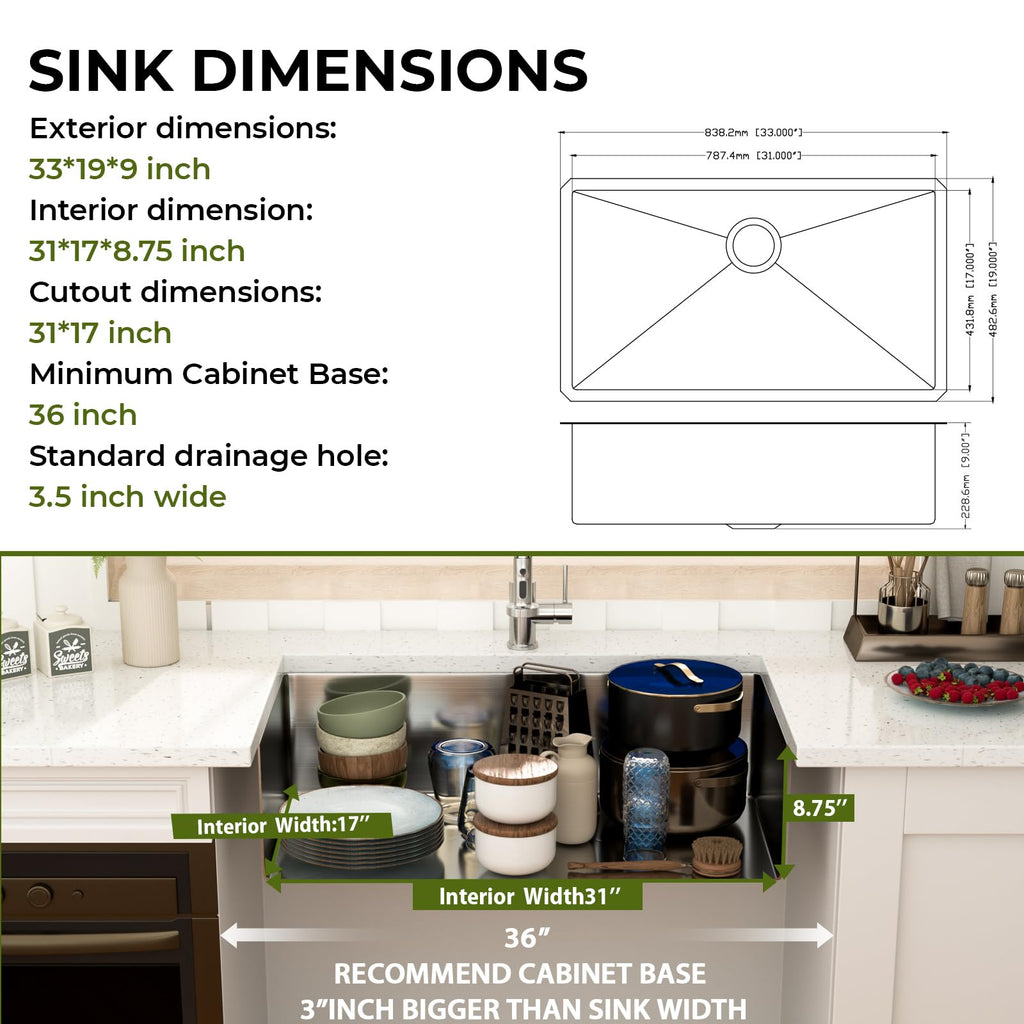 33 Undermount Stainless 33x19 Inch Sink Single Bowl