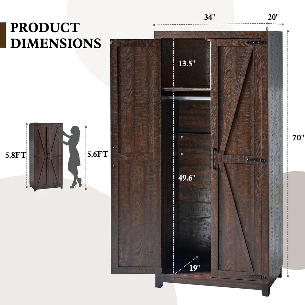 70" Farmhouse Wardrobe Closet Set of 2 with Hanging Rod & Barn Doors