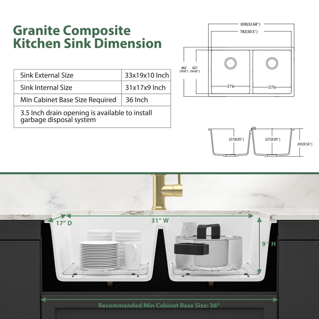 33 White Undermount Granite Composite Double Bowl Kitchen Sink