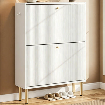 Shoe Storage Cabinet - 2 Flip Drawers Shoe Cabinet with Tiered Fluted Design - Slim Shoe Storage Rack with Gold Legs