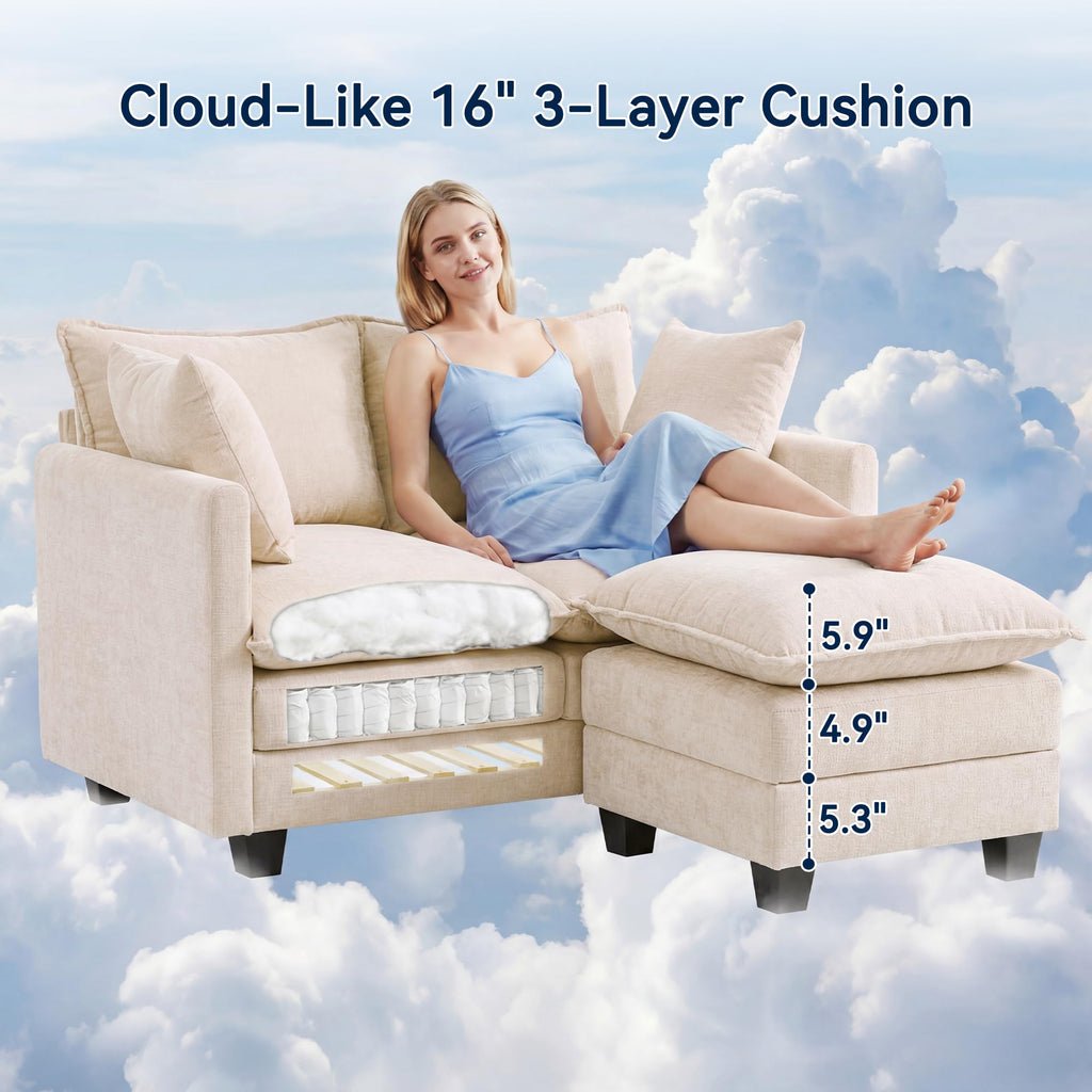 L-Shape Loveseat Sofa Couch with Ottoman, Small 50" Love Seat 27" Deep Cloud Sofa Washable Chenille Pillow Bedroom