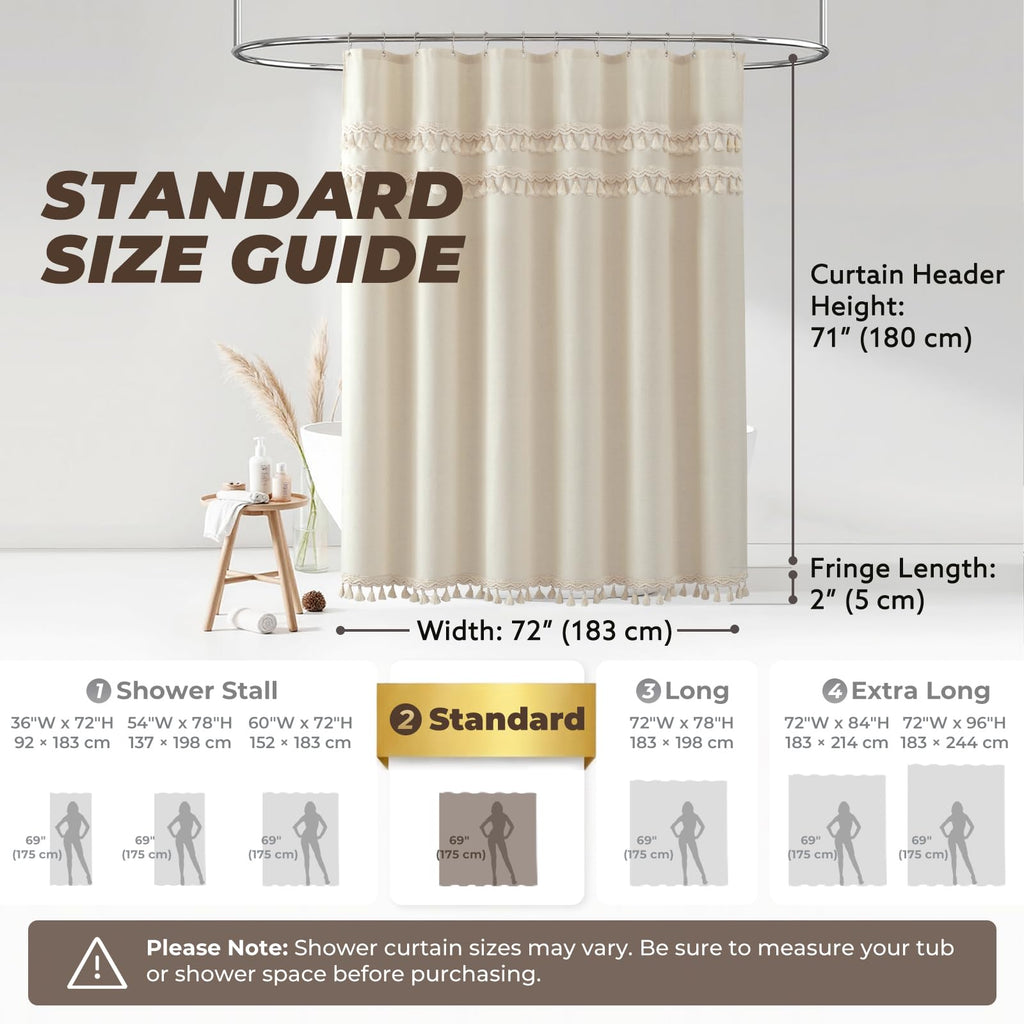 Linen Shower Curtain Boho Beige Shower Curtain with 3 Tassels 72"W x 72"L