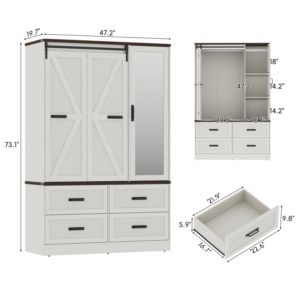 Farmhouse 3-Door Armoire Closet w/Mirror & LED, Antique White