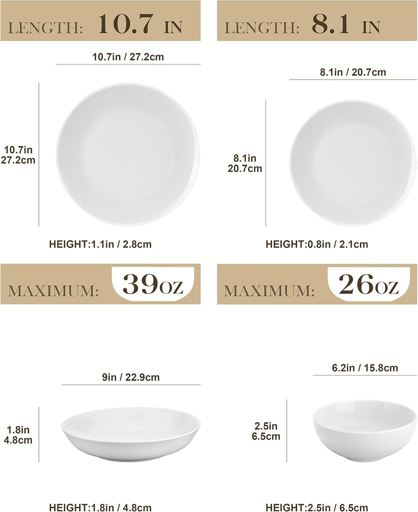 24-Piece Gourmet Porcelain Dinnerware Sets, Modern White Round Dish Set for 6