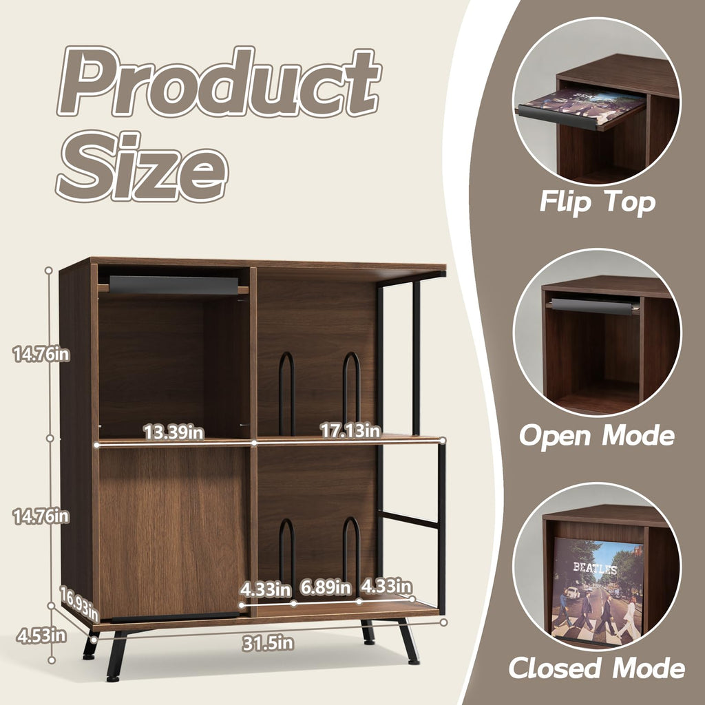 3 Tier Record Player Stand with Flip-Down Record Shelf, Walnut