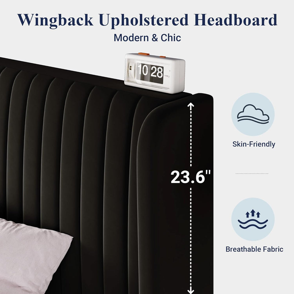 Full Velvet Bed Frame/Vertical Channel Tufted Wingback Headboard/Upholstered Platform Bed/Strong Wooden Slats/No Box