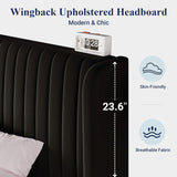 King Velvet Bed Frame/Vertical Channel Tufted Wingback Headboard/Upholstered Platform Bed/Strong Wooden Slats/No Box