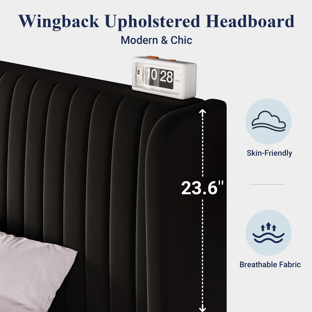 Queen Size Velvet Bed Frame/Vertical Channel Tufted Wingback Headboard/Upholstered Platform Bed/Strong Wooden