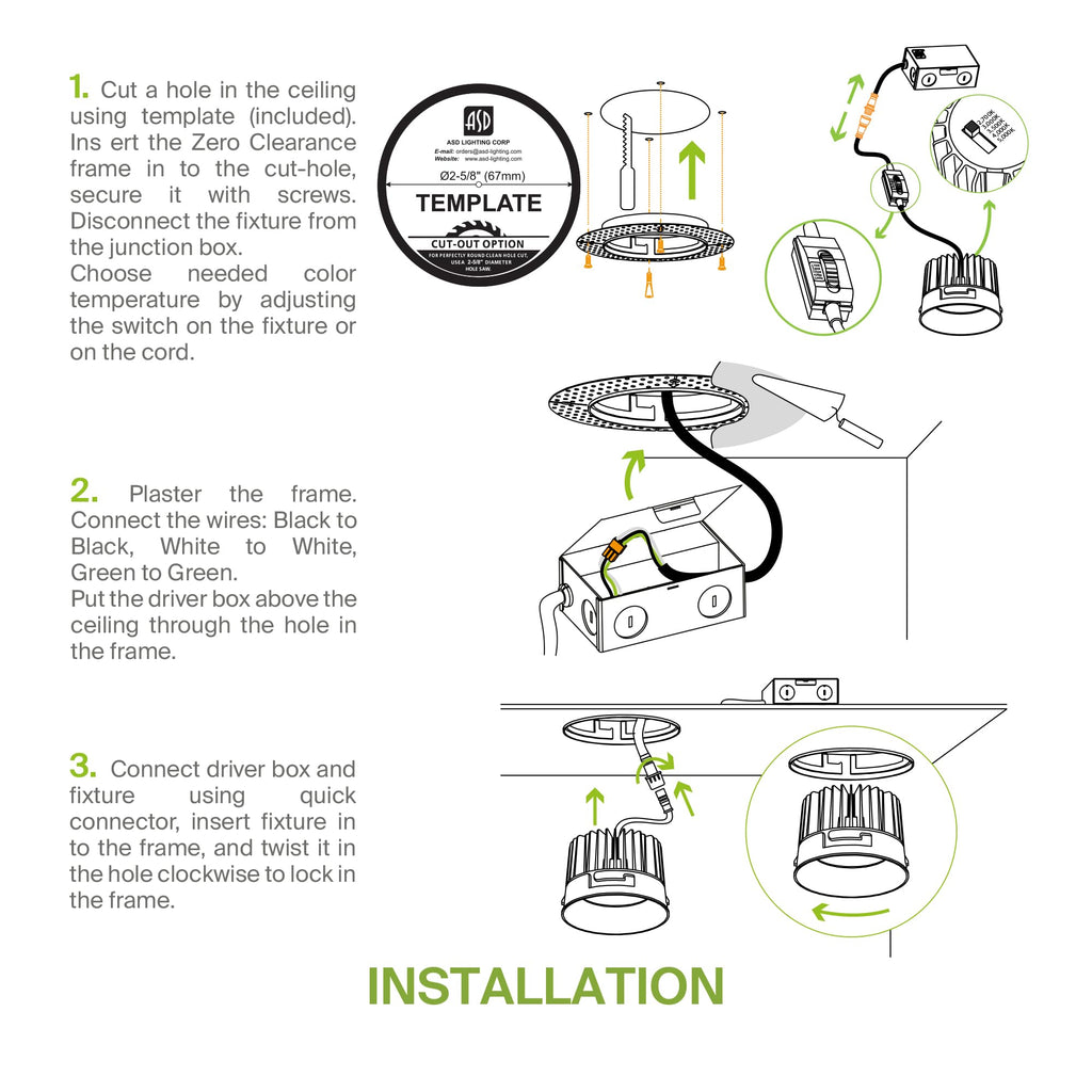 2 Inch Trimless LED Recessed Ceiling Light Fixture, Mud-in Canless Downlight with Junction Box, 5CCT 2700K-5000K, 8W