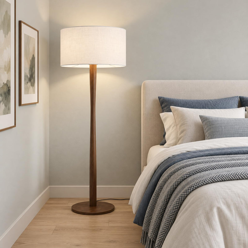 62" Tall Rustic Walnut Wood Floor Lamp with Large Linen Shade, White