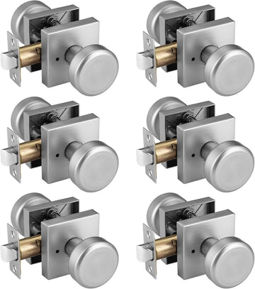 6 Pack Brushed Nickel Door Knobs with Square Rosette, Interior Door Handles for Bath & Bed, Heavy Duty Door Knob with
