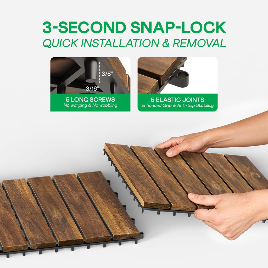 Interlocking Deck Tiles 9.6 SQFT - 10PCS Waterproof Acacia Wood Patio Tiles, Flooring Tiles for Indoor and Outdoor