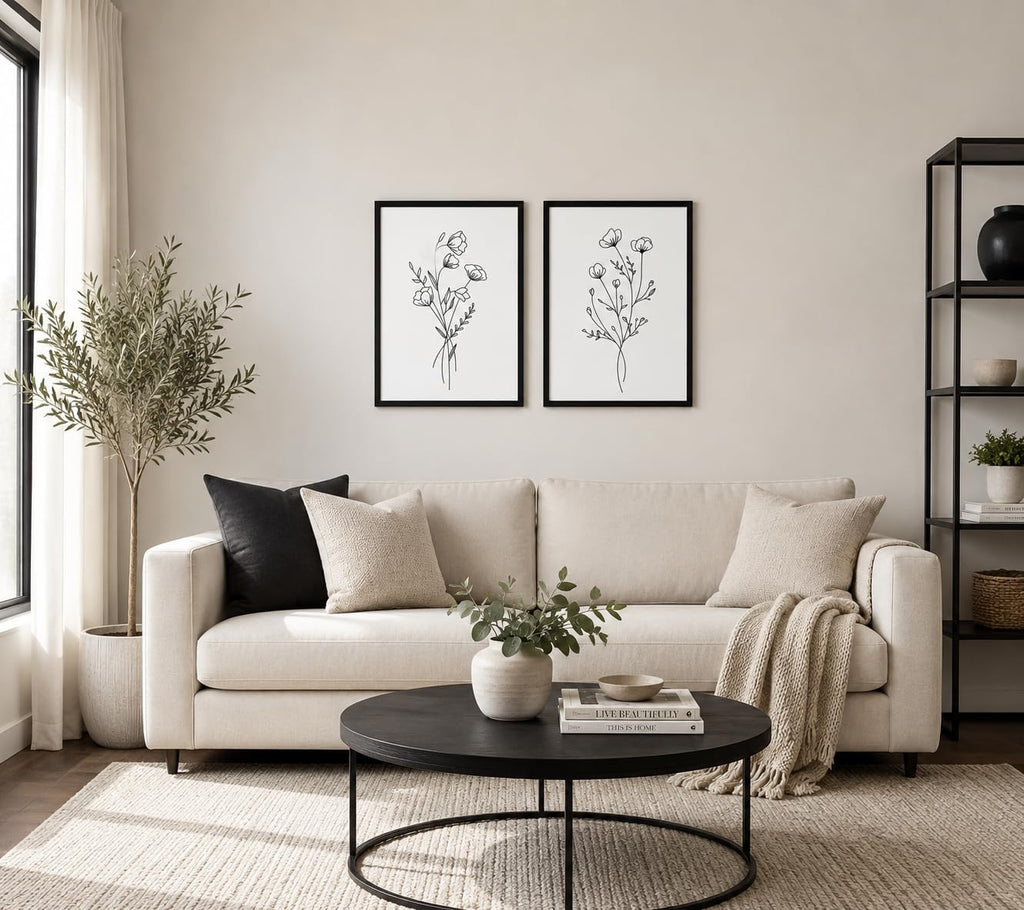 Framed Set of Two Canvas Wall Art Simple Botanical Line Print Black and White Floral Poster Modern Gallery Print Wall