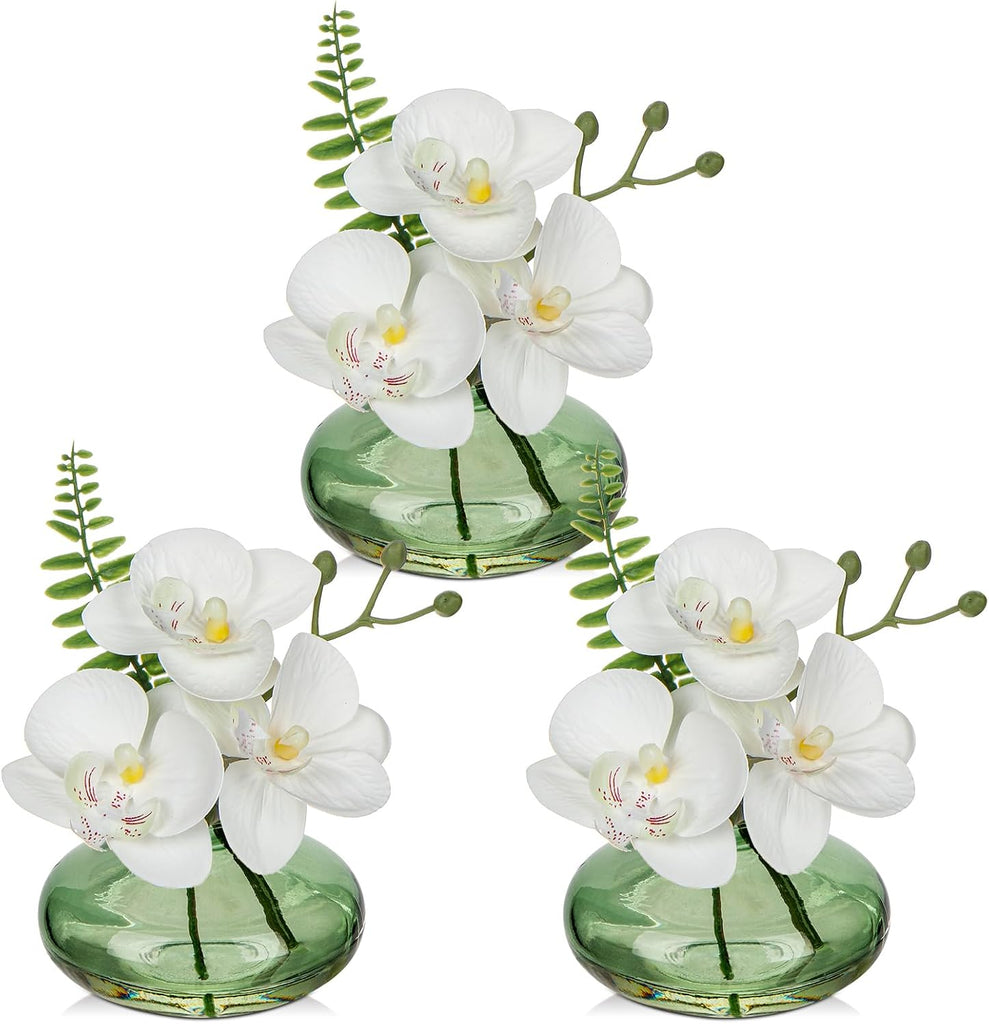 White Orchids Artificial Flowers Faux Orchids Arrangement in Light Green Glass Vases Set of 3 Real Touch Phalaenopsis