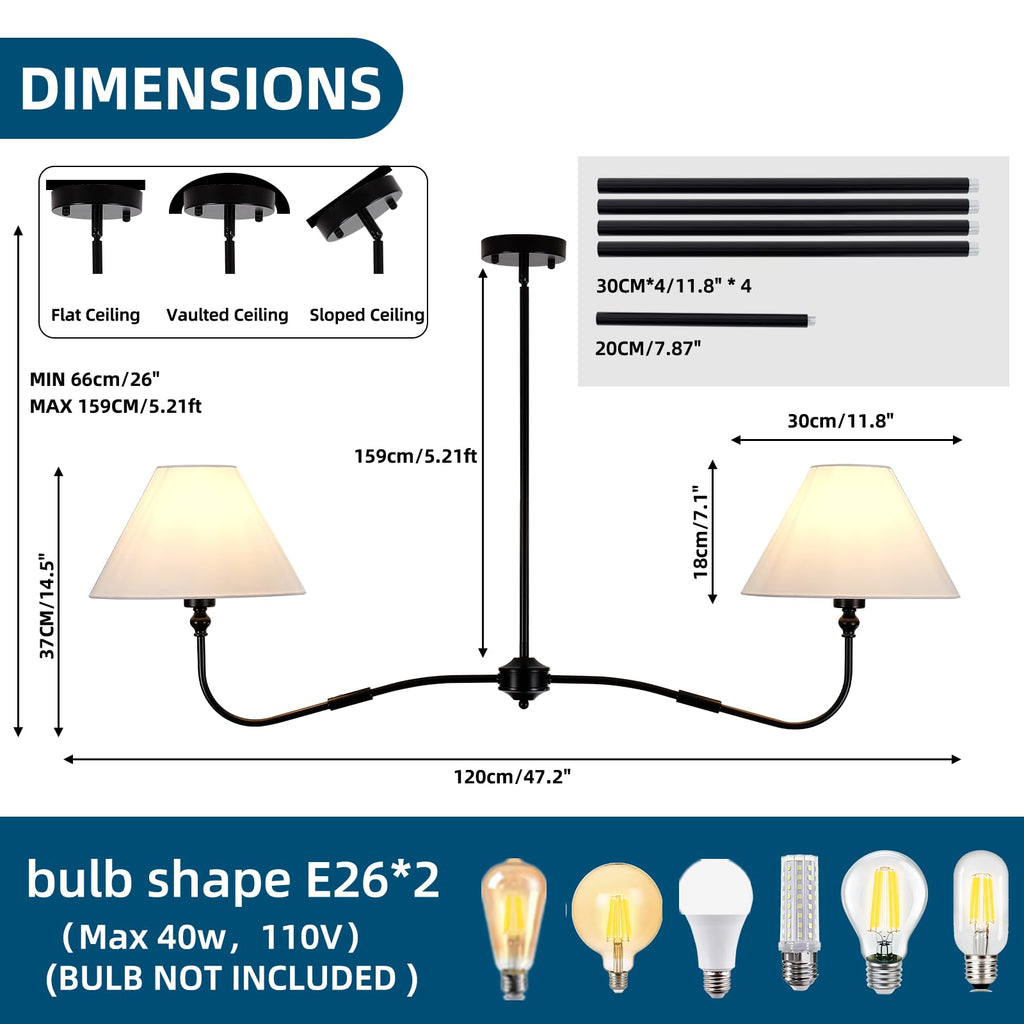47" Modern Linear Chandelier Island, 2-Light Black Linear Dining Room Light Fixture with White Fabric Shade, Hanging