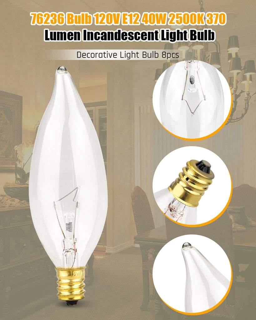 Universal Crystal Clear Incandescent Light Bulb, E12 40W 120V 2500K Light Bulb Replacement, CA10 Candelabra Candle