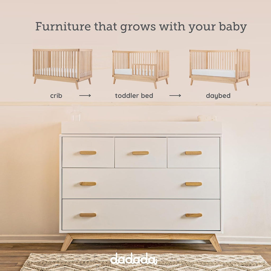 Soho Nursery Furniture Set, Baby Crib & Dresser Combo, White/Natural | Soho 3-in-1 Convertible Beechwood Baby Crib