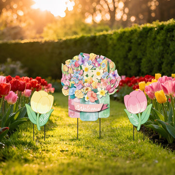 3Pcs Hello Spring Welcome Flower Yard Stakes Metal Floral Outdoor Decor, 2-in-1 Decorative Tulip Flower Sign for