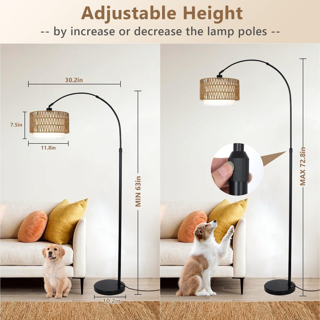 Arc Floor Lamp with Remote, Modern LED Floor Lamp with Dimmable Bulb, Boho Farmhouse Standing lamp with Fabric &