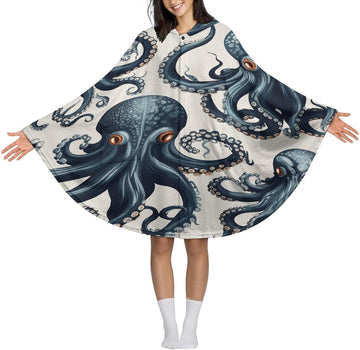Octopus Pattern Wearable Blanket Hoodie Flannel Hooded Blanket | Sweatshirt Oversized Cozy Sweater Gift