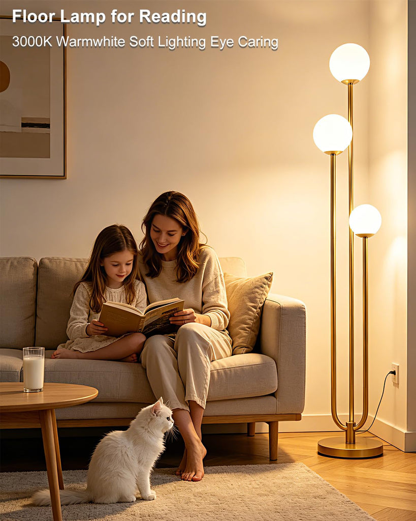 63IN 3-Light Dimmable Floor Lamp, Unique Gold Tall Standing Lamps with 3000K G9 Bulbs for Reading, Mid Century Modern
