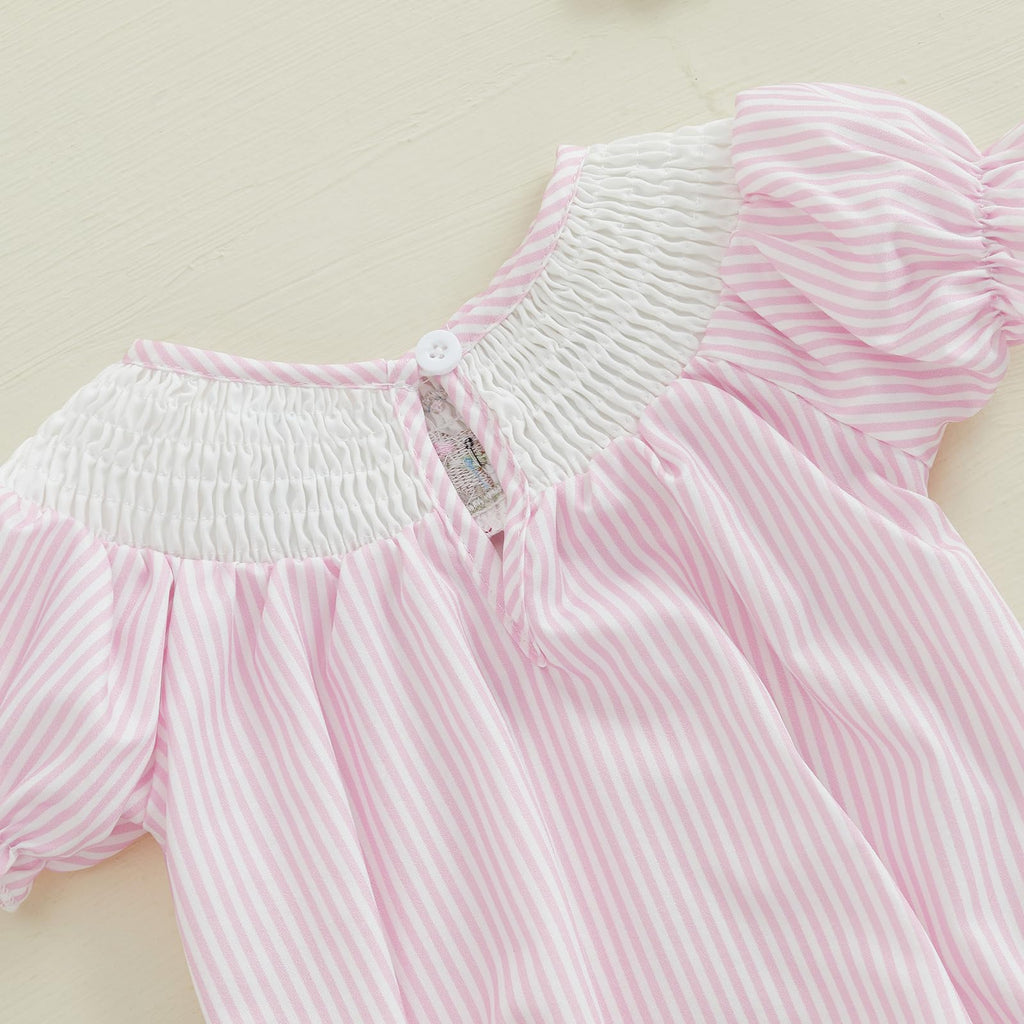 Easter Baby Girl Outfit Bunny Embroidery Bubble Romper Puff Short Sleeve Smocked Bodysuit Newborn Easter Clothes