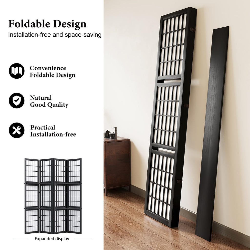 5.6FT Room Divider and Folding Portable Partition Screen, Chinese Japanese Shoji Style with Three Display Shelves for