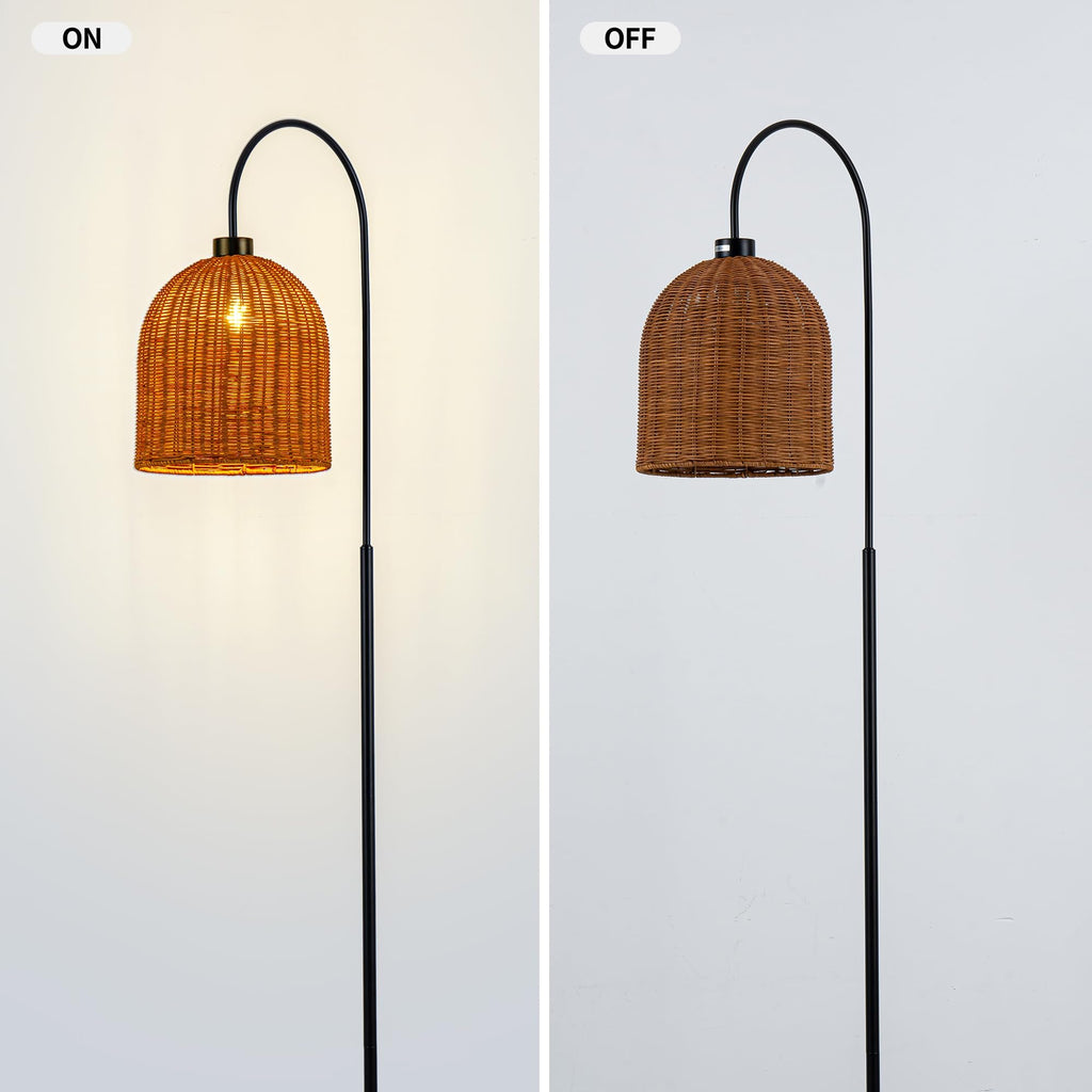 Black Arc Floor Lamp with Handwoven Rattan Shades