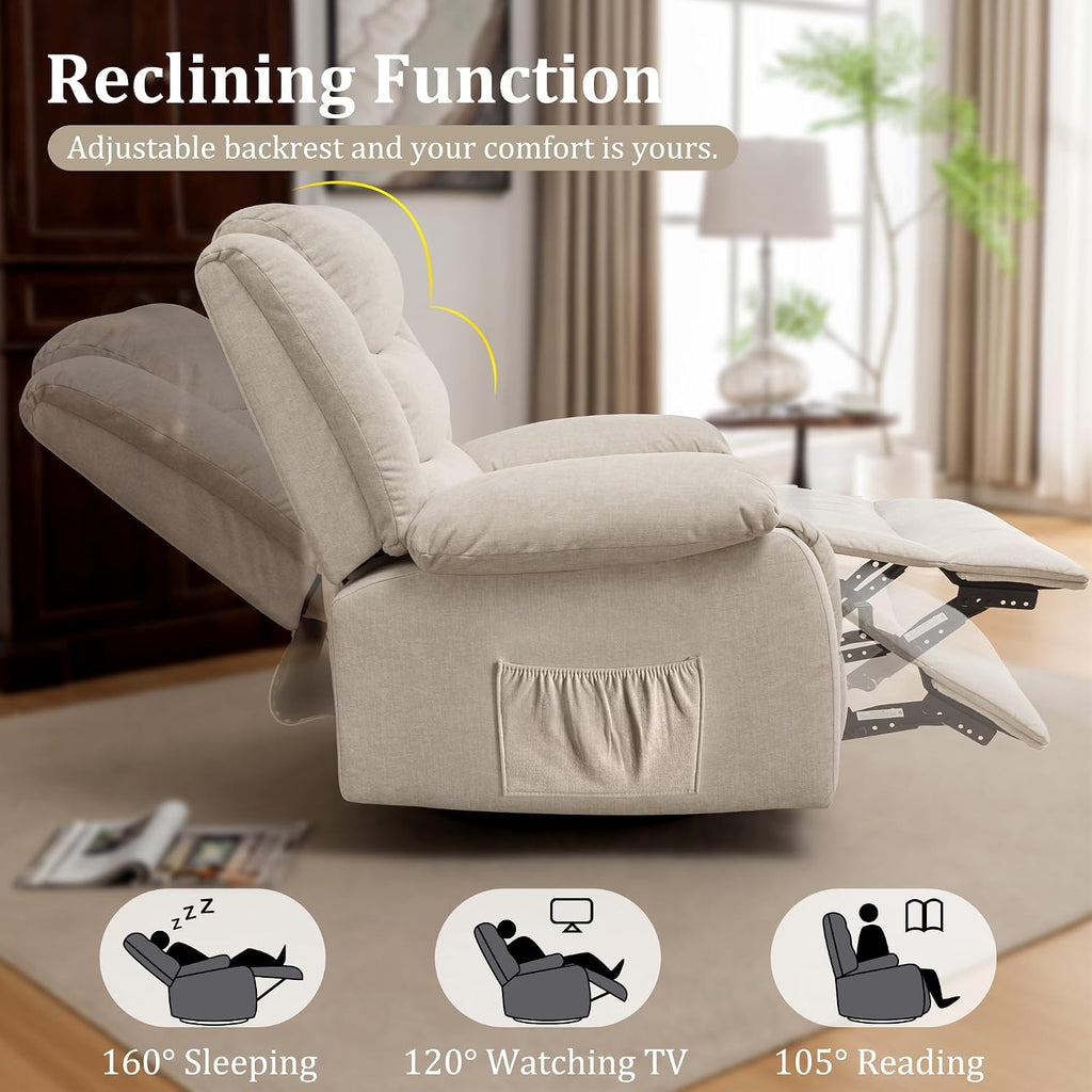 Oversized Recliner Chair, Extra Wide Rocking Chair with Massage and Heat, 360° Swivel Rocker Recliner for Adults