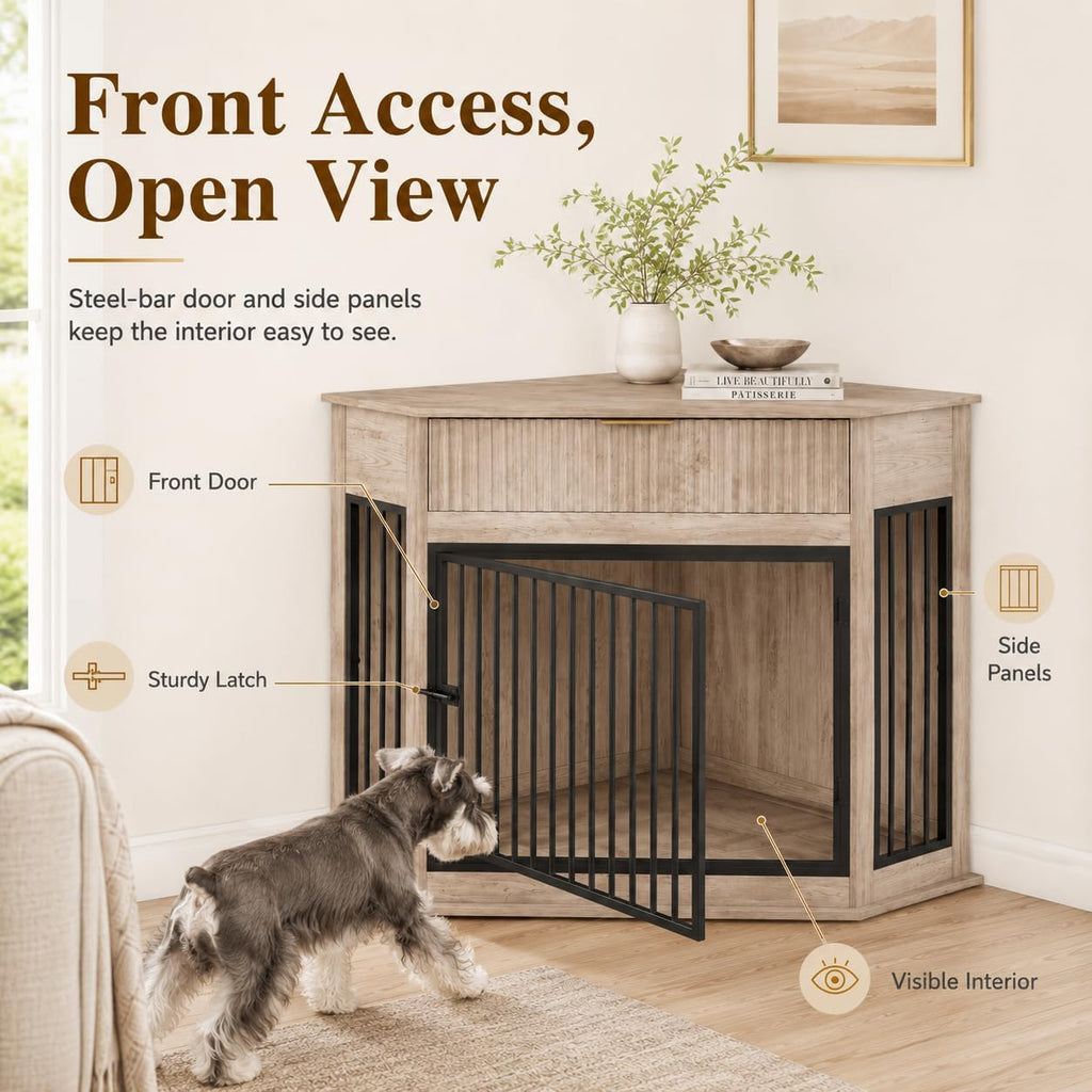 Corner Dog Crate Furniture with Fluted Drawer