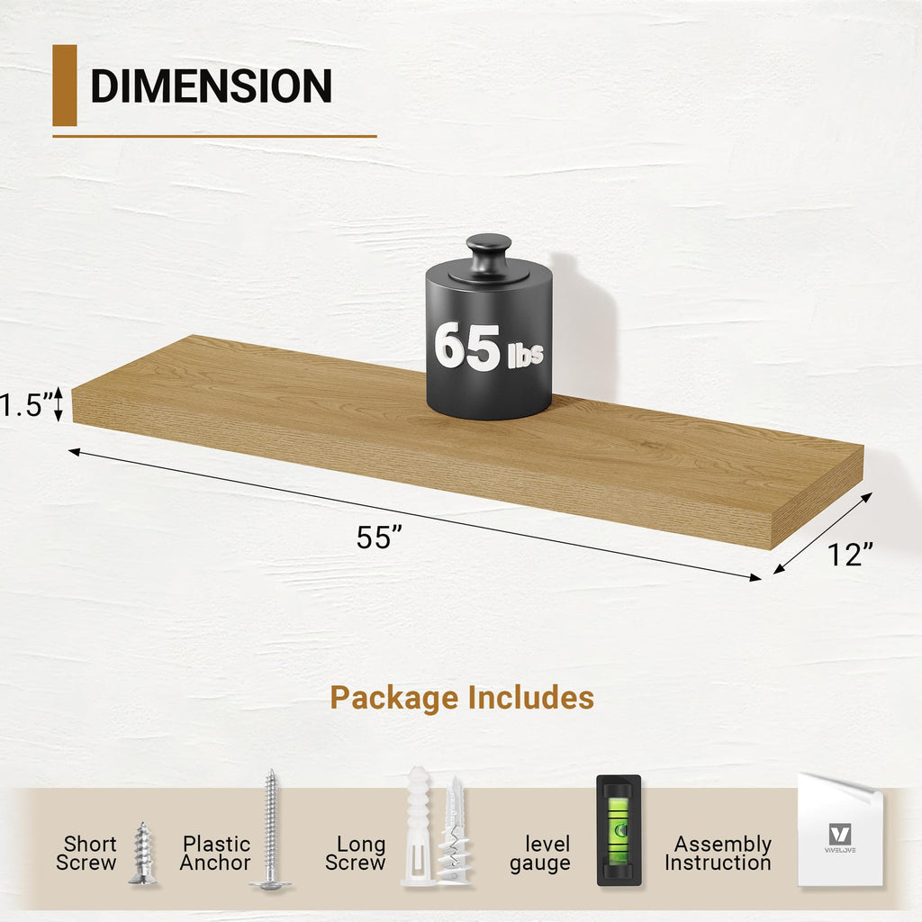 12 Inch Deep Floating Shelves 55 inch Long, Oak, Set of 2