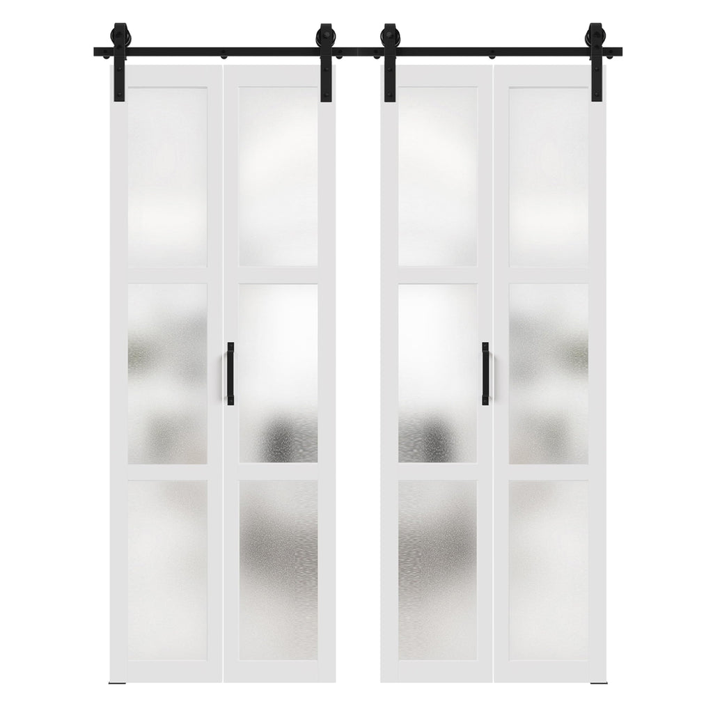 60" (30"x2) x 84" Bifold Barn Door, 3 Lites Tempered Frosted Glass Barn Door Panel with Hardware Kit Set, Solid Core