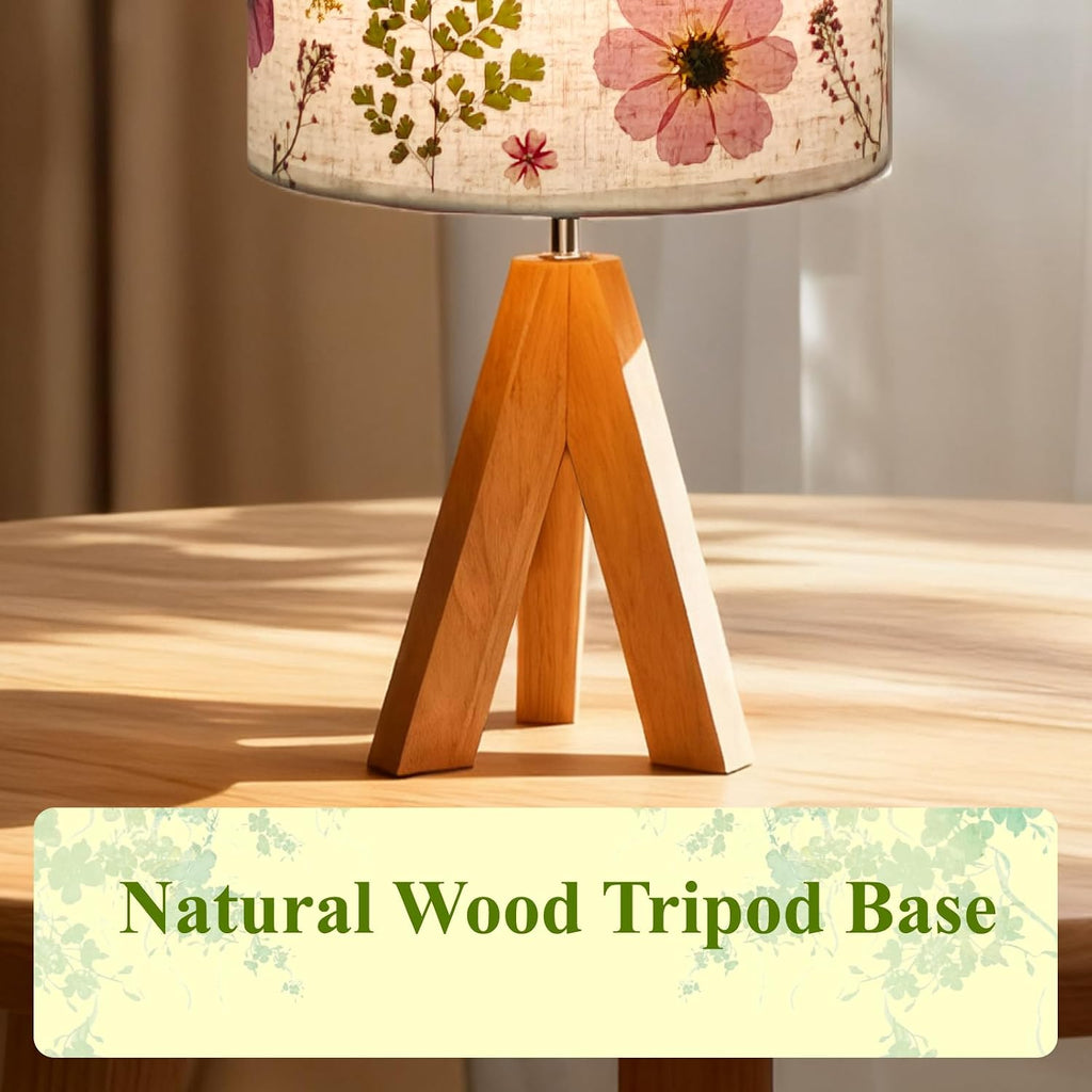 Dried Flowers Tripod Table Lamp 14.96in, 9W LED Dimmable Cute Bedside Lamp with Flowers Linen Lampshade, Kid Room