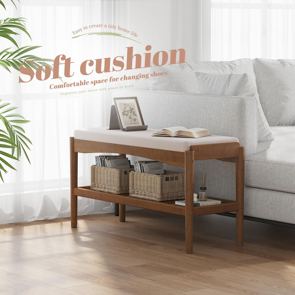 Shoe Bench Entryway Bamboo 2-Tier Shoe Rack with Cushion Padded Seat Shoe Bench Organizer Stable for Entry, Hallway